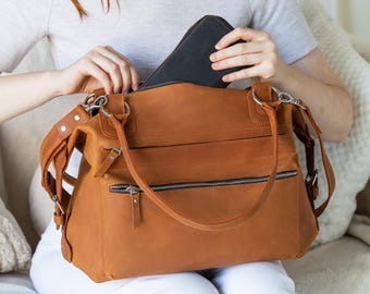 Bolso de hombro de cuero, bolso de mano grande de cuero con cremallera, bolso hobo de cuero hecho a mano, bolso de trabajo informal de cuero, bolso tote de cuero personalizado
