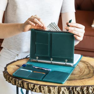 K&ouml;nnte beinhalten: Ein teal-farbener Lederordner mit Rei&szlig;verschluss, ge&ouml;ffnet, um einen Notizblock und Taschen freizulegen. Der Ordner befindet sich auf einer Holzoberfl&auml;che, mit Stiften und Karten sichtbar. Eine Hand legt Geld in das Rei&szlig;verschlussfach.