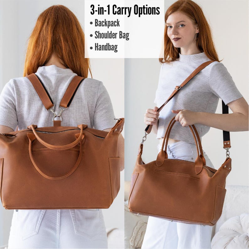 Puede incluir: Un bolso de cuero marr&oacute;n con m&uacute;ltiples opciones de transporte: mochila, bandolera y bolso de mano. El bolso tiene una cremallera superior, bolsillos laterales y un asa. El texto en la imagen dice: 3-en-1 Carry Options.