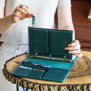 K&ouml;nnte beinhalten: Offener tealfarbener Lederordner mit Rei&szlig;verschluss, mehreren Taschen und silberner Ringbuchmechanik. Ein Stift und Karten sind innen sichtbar. Der Ordner ist ge&ouml;ffnet und gibt den Blick ins Innere frei. Der Ordner liegt auf einer Holzoberfl&auml;che.