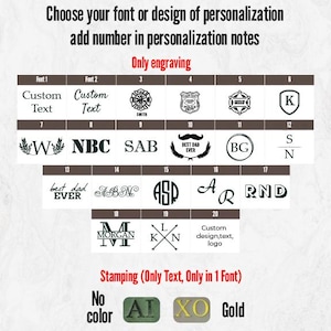 K&ouml;nnte beinhalten: Das Bild zeigt Schriftarten und Designoptionen zur Personalisierung, darunter individueller Text, Initialen und Logos. Es zeigt auch Farboptionen f&uuml;r die Pr&auml;gung, wie Gold und Gr&uuml;n.