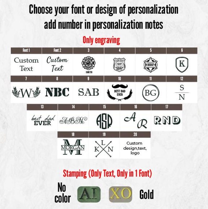 K&ouml;nnte beinhalten: Das Bild zeigt Schriftarten und Designoptionen zur Personalisierung, darunter individueller Text, Initialen und Logos. Es zeigt auch Farboptionen f&uuml;r die Pr&auml;gung, wie Gold und Gr&uuml;n.
