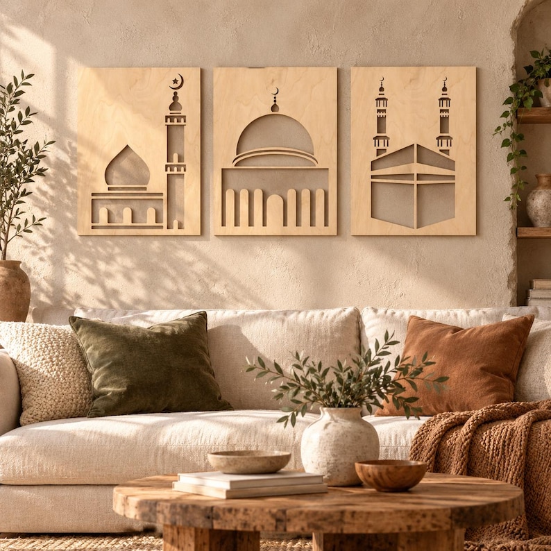 Islamic Wall Art Set of 3, Wooden Masjid Wall Panels, Kaaba and Mosque ...