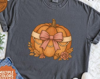 Bow Pumpkin Shirt, Floral Fall Comfort Colors Tee Trendy Retro Autumn Shirt Cozy Thanksgiving Outfit Cute Fall Graphic Tee Plus Size