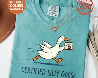 Gecertificeerd Silly Goose-shirt | Shirt grappige gans | Schattig T-shirt met dierenprint | Silly Goose T-shirt | Uniseks comfortkleuren