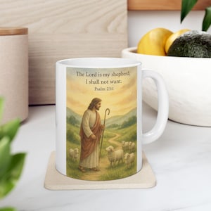 Jesus as the Good Shepherd Ceramic Mug, Inspirational Christian Coffee Cup, Bible Verse Tea Mug, Motivational Scripture Drinkware