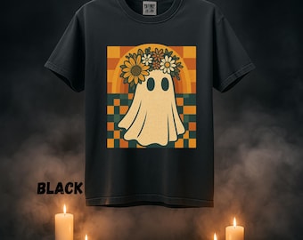 Comfort Colors® Rutig spökskjorta, Halloween-spökskjorta med blommönster, Söt höstskjorta, Cottagecore spöktröja, Retro Halloweentopp