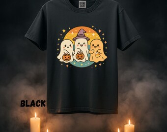 Gruseliges süßes Halloween Shirt - Pastell Kawaii Geist-T-Shirt, Retro Kreis Ästhetisches Grafik-T-Shirt, süßes Komfort Farben Top, Herbst Outfit Geschenk