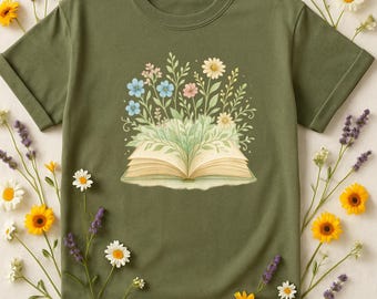 Camiseta literaria Comfort Colors – Camiseta con estampado floral de libro abierto, regalo ideal para lectores de estilo cottagecore