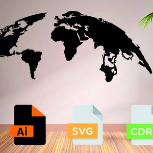 Puede incluir: Un vinilo decorativo de mapa del mundo negro y cuatro iconos de formato de archivo: DXF, Ai, SVG y CDR. Una planta en maceta con hojas verdes está a la derecha. La pared está pintada de color beige claro.