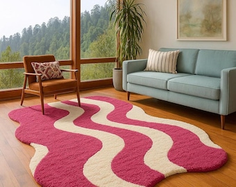 Curvy Aesthetic Rug, Pink And Cream Rug, Soft Shaggy Rug, Tufted Wave Rug, Funky Rug Design, Cute Personalised Gifts Decor