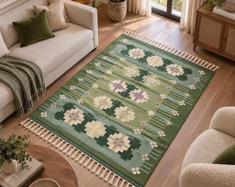 Handwoven Kilim Rug | Green Geometric Area Rug | Flatweave Boho Rug | Traditional Handmade Carpet | Living Room Decor