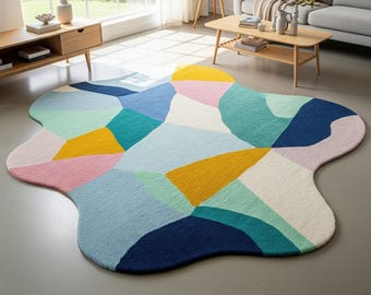 Handmade Wool Area Rug | Abstract Organic Shape, Modern Colorful Carpet