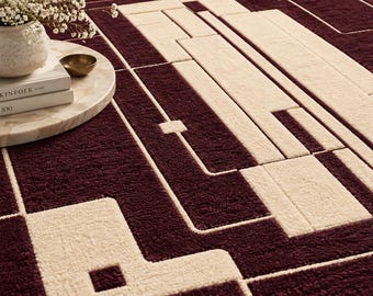 Hand Tufted Geometric Rug, Burgundy Cream Abstract Area Rug, Modern Contemporary Carpet