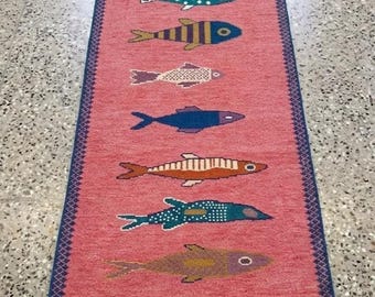 Hand Knotted Fish Runner Rug, Handmade Ocean Theme Rug, Nautical Area Rug, Colorful Fish Carpet, Hallway Runner
