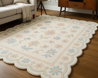 Scalloped Edge Rug wool, plush pile beige, romantic decor