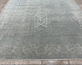 Distressed Rug 8x10, Ivory And Sage, Wool, Faded Subtle Pattern