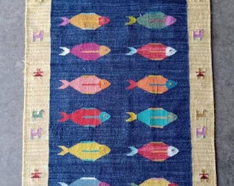 Handmade Kilim Rug, Fish Pattern Area Rug, Colorful Flatweave Rug, Boho Coastal Living Room Carpet