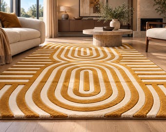 Hand Tufted Geometric Rug, Gold and Ivory Arch Area Rug, Modern Abstract Carpet