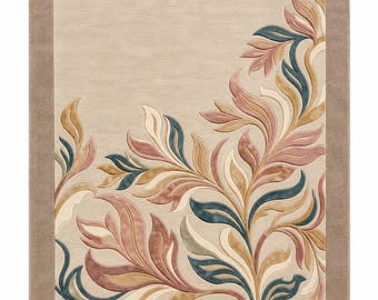 Hand Tufted Floral Area Rug | Botanical Modern Rug | Beige Pink Blue Handmade Rug | Contemporary Living Room Carpet