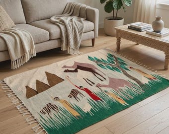 Vintage Kilim Rug | African Safari Area Rug | Tribal Wildlife Rug | Handmade Flatweave Carpet | Boho Rustic Home Decor