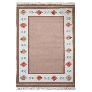 Swedish Kilim Rug | Handwoven Wool Flatweave Carpet | Brown & Beige Scandinavian Geometric Area Rug | Vintage Nordic Boho Decor