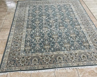 Hand-Knotted Wool Rug: 8x10 Teal & Beige Persian-Style Floral