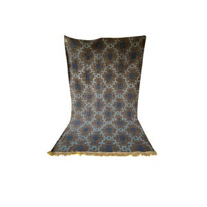 Handwoven wool kilim rug in brown and blue geometric tribal pattern; flatweave, boho living room or bedroom rug.