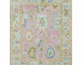 Distressed Vintage Oushak Rug, Gray Beige Floral Area Rug, Handmade Wool Turkish Style Carpet, Neutral Boho Living Room Rug