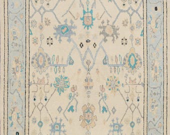 Vintage Persian Style Hand Knotted Rug, Blue Ivory Oriental Area Rug, Handmade Floral Oushak Inspired Carpet, Traditional Bedroom Decor
