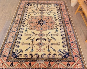 Hand Knotted Persian Rug | Cream Floral Area Rug | Vintage Oriental Carpet | Traditional Wool Rug | Boho Living Room Decor
