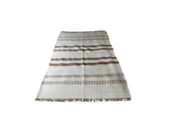 Handwoven Kilim Rug: Beige & Brown Striped Wool, Boho Farmhouse