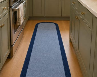 Tappeto ovale passatoia fatto a mano con bordo blu navy / Tappeto morbido trapuntato per balcone e corridoio / Disponibile in misure personalizzate / Tappeto per interni