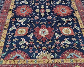 Persian wool rug navy floral, hand knotted vintage oriental carpet, distressed boho living room decor, blue farmhouse area rug