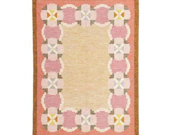 Vintage Swedish Kilim Rug: Handwoven Wool, Pink & Beige Geometric Flatweave
