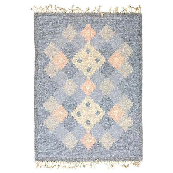 Swedish Kilim Rug, Thin Wool Rug, Blue Peach Rug, Fringed Edge Rug