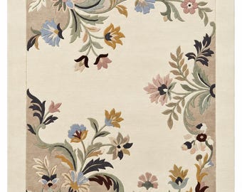 Hand Tufted Floral Rug, Vintage Botanical Area Rug, Cream Beige Traditional Rug, Handmade Wool Living Room Rug