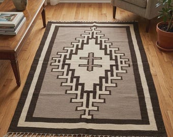Kilim Rug, Geometric Tribal Area Rug, Neutral Boho Home Decor