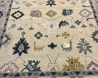 Alfombra Oushak anudada a mano, alfombra floral color crema, alfombra de estilo turco, alfombra de lana tradicional vintage, alfombra hecha a mano
