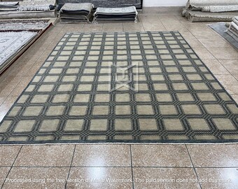 Handmade Gray Checkered Wool Rug 8x10: Modern Farmhouse Decor