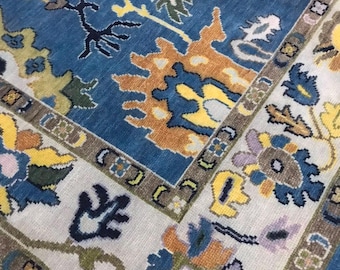Alfombra Oushak anudada a mano, alfombra floral azul, alfombra de estilo turco, alfombra tradicional vintage, alfombra de lana hecha a mano
