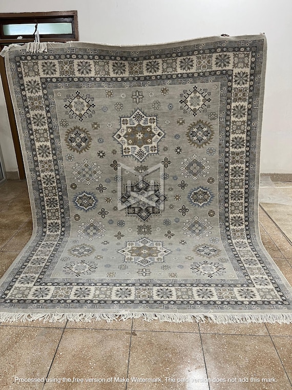 58x44cmトライバルラグ手織り絨毯 ウール製グレーラグ 伝統的な模様