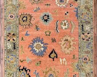 Peach Wool Rug hand knotted, vintage style, ivory floral, warm tone