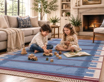 Handwoven Blue Kilim Rug, Scandinavian Geometric Wool Area Rug, Modern Flatweave Carpet, Nordic Living Room Rug, Handmade Tribal Rug