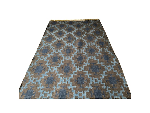 Brown Blue Kilim wool rug, earth tone rug, low profile rug