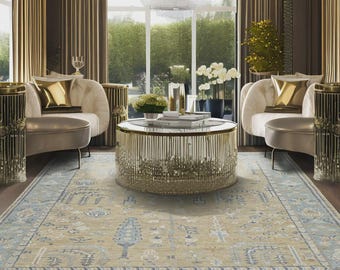 Hand Knotted Oushak Rug – Vintage Floral Beige & Blue Area Rug
