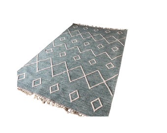 Handwoven Kilim Rug: Teal Blue Tribal Diamond, Wool & Cotton