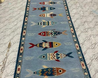 Hand Knotted Wool Oushak Rug, Fish Pattern Area Rug, Coastal Turkish Carpet