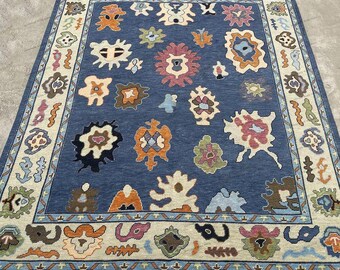 Hand Knotted Oushak Wool Rug, Blue Floral Turkish Area Carpet, Traditional Living Room