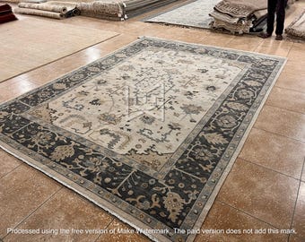 Charcoal Wool Rug 8x10, Ivory Charcoal Rug, Classic Style Rug